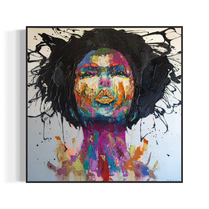 straight on portrait womans head looking up with green eyes multicolored face painted thick and abstract with black splatter hair and gold foil