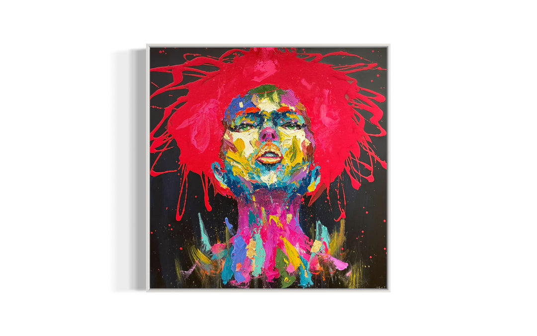 Front facing portrait of woman looking upwards slightly in thick gestural abstract brush stroked in multi color and gold foil with red splattered hair on black background
