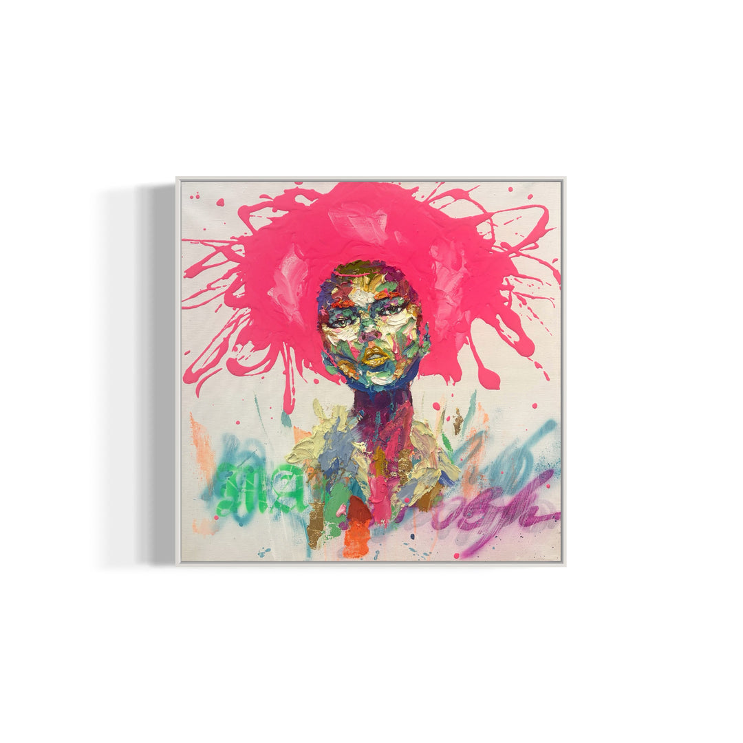 front facing portrait of woman with pink splattered paint hair and skin made of green red blue yellow purple and pink in impasto thick acrylic with details of gold foil and gestural marks of color at bottom of canvas on white background