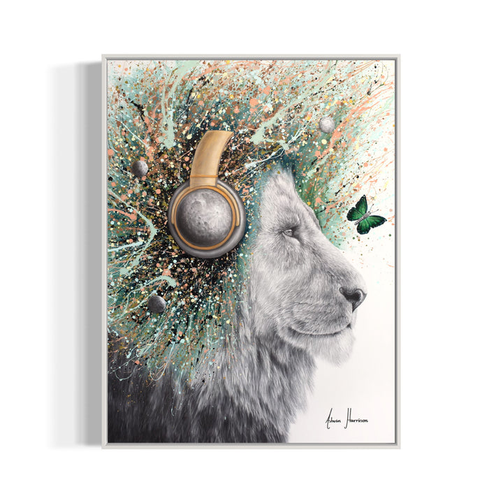 black and white lion in charcoal looking to the right wearing moon headphones and splattered lions hair mane and small moon illustration in teal blue pink pastel acrylic splashes and green butterflies on white background