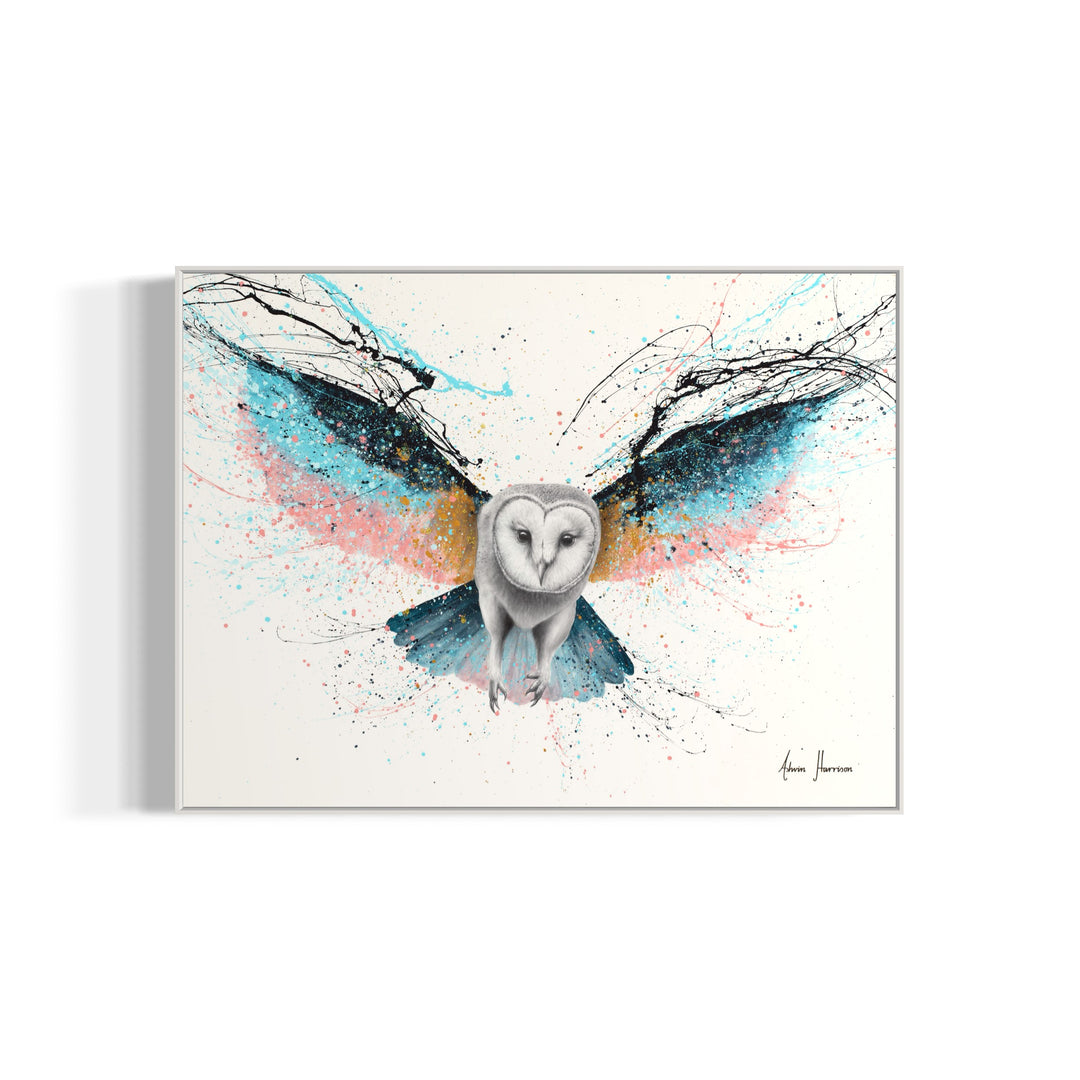owl in black and white flying wings stretched out in blue pink and orange pastel color splatter paint on white background