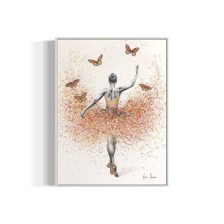 ballerina figure woman in black and white wearing orange dress with orange splatter paint tutu and orange monarch butterflies on white background