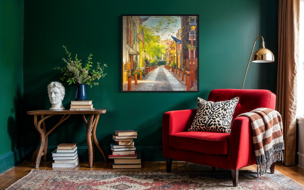 Elfreth's alley Philadelphia Pennsylvania cobble stone street country flags brick old buildings small street with lamps in realistic oil painting style