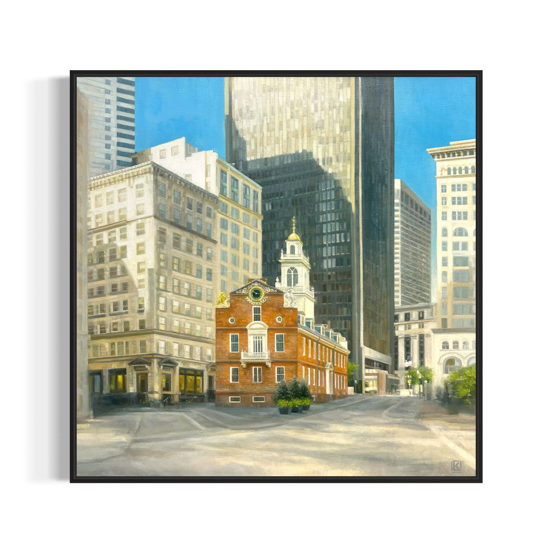 small brick building in red and orange stood in middle composition against new modern grey silver skyscraper buildings in city urban landscape with blue sky in oil realism 