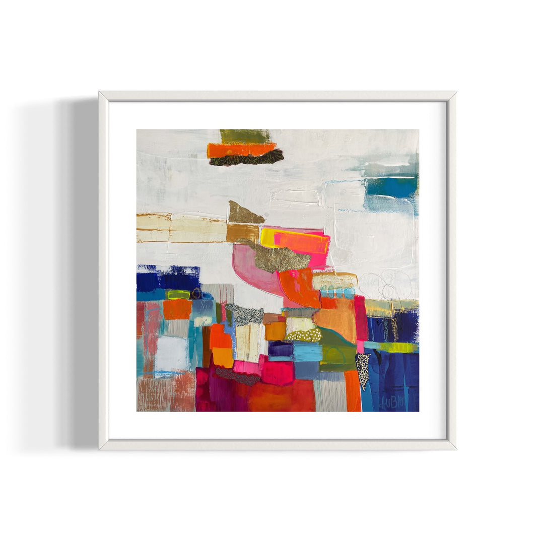 multicolor collage of acrylic paint, fabric, graphite, gold leaf, foil, patterns square shapes tacked on white background textured