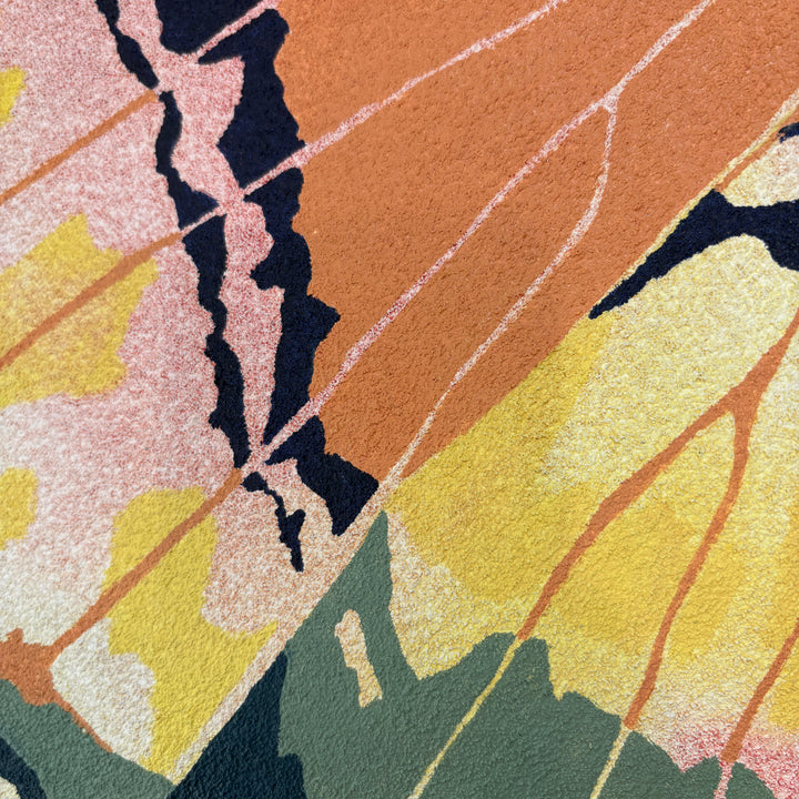 close up detail butterfly wing organic shapes design nature in red green yellow and orange gradient opaque oil paint on pumice