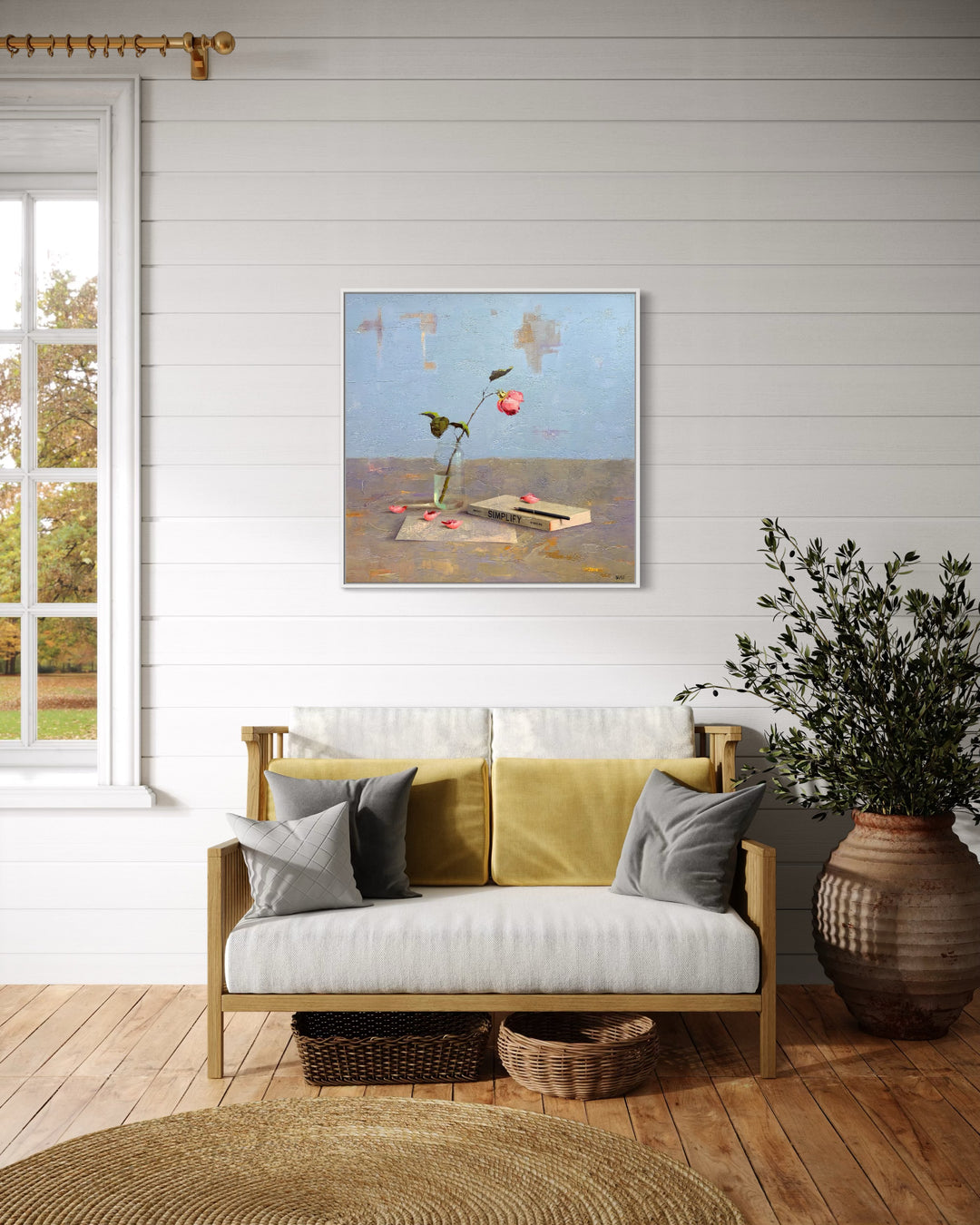 realism still life in oil textured painting single rose flower in glass with book simplify and pencil on blue background
