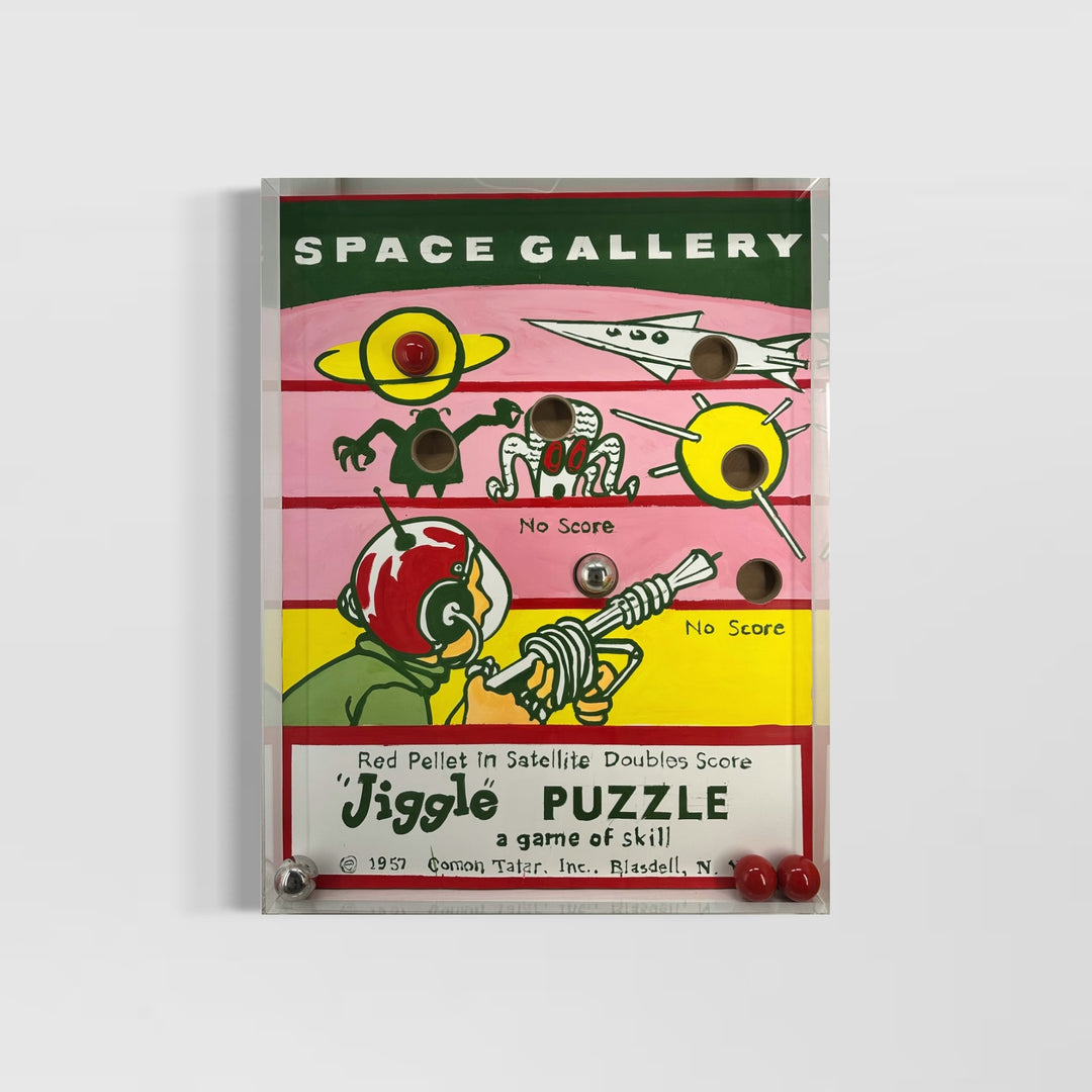 Vintage retro game child kid nostalgia graphic jiggle puzzle painting with acrylic in pink yellow and green balls inside glass box with holes 