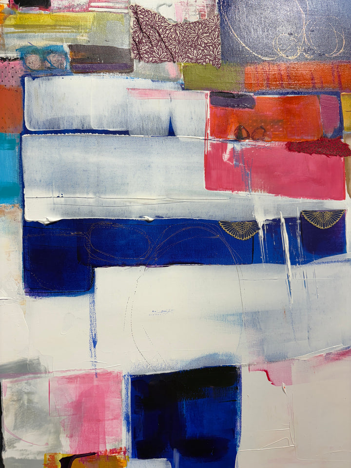 collage of paint fabric foil shapes built up in mountainous form in white pinks and orange on bright blue cloudy background abstract collage patterns 