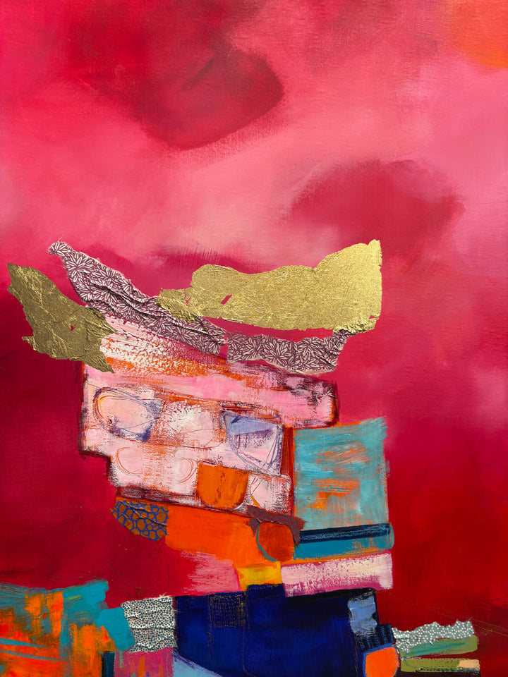 abstract collage of fabric french textile gold leaf acrylic paint shapes graphite in stacked form with blue green and orange shapes on a pink cloudy background