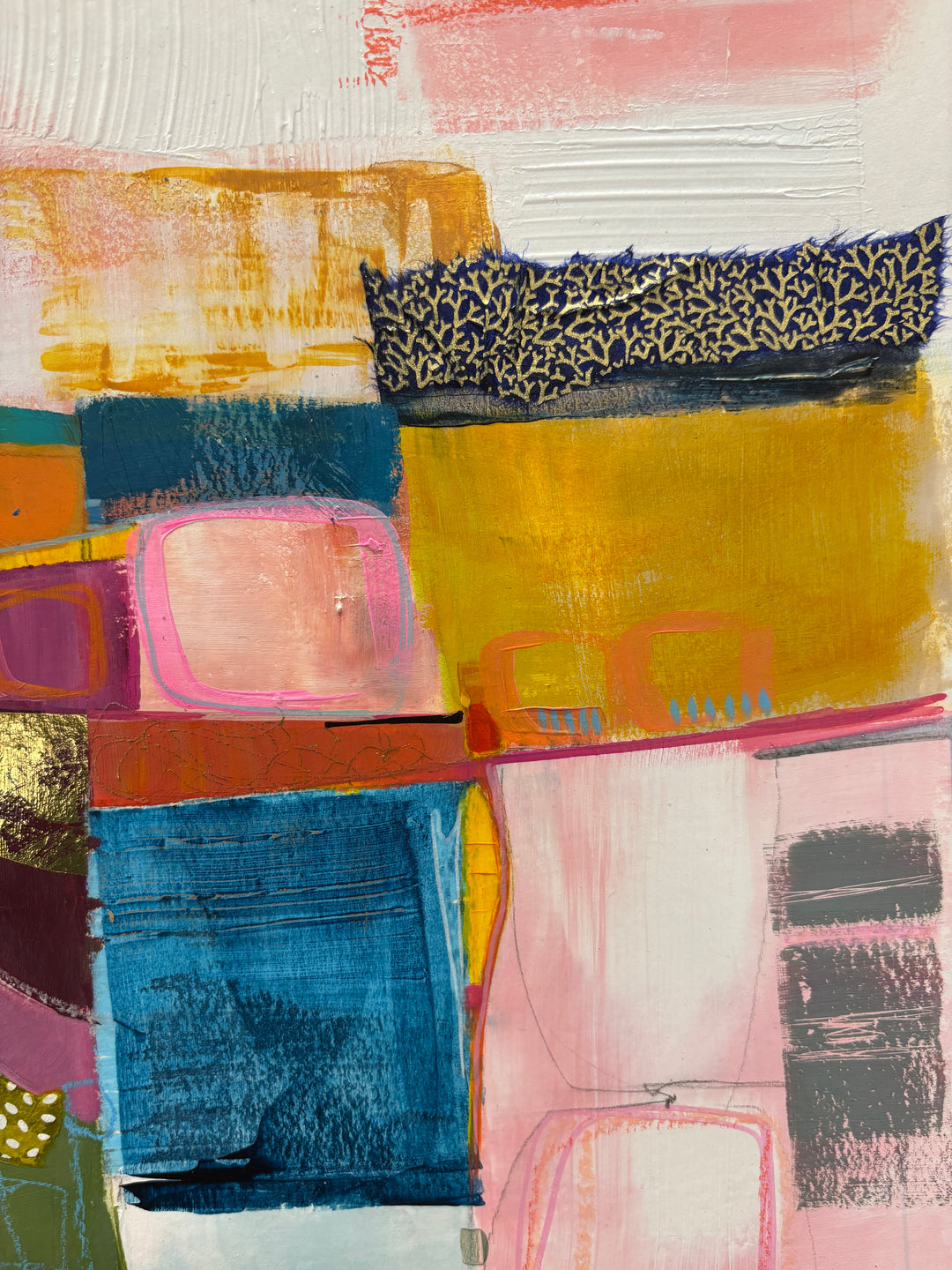 abstract geometric collage of square and semi circle shapes in fabric graphite acrylic paint gold leaf foil in pink green blue stacked and overlapping on pink and white background