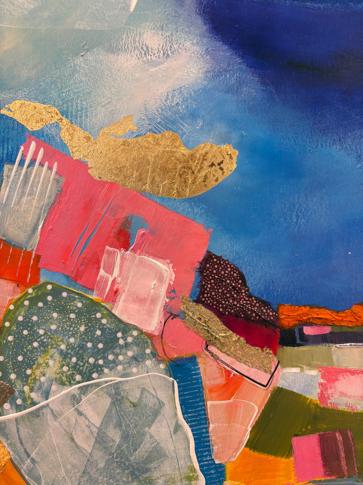 abstract collage expressionist pattern and mark making with paper fabric gold leaf acrylic paint and graphite stacked and overlapping transparent glazes on blue cloudy background