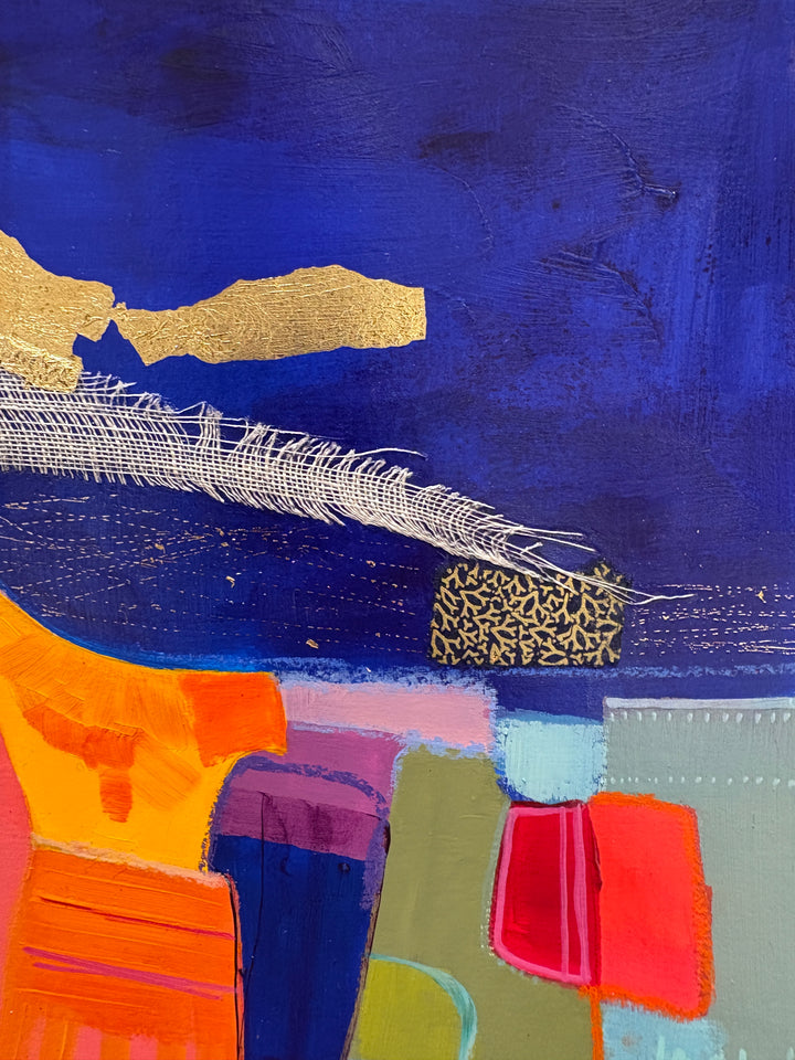abstract organic shapes in bright colors lower half of composition with white fabric net collage above and gold leaf foil on dark blue washy background
