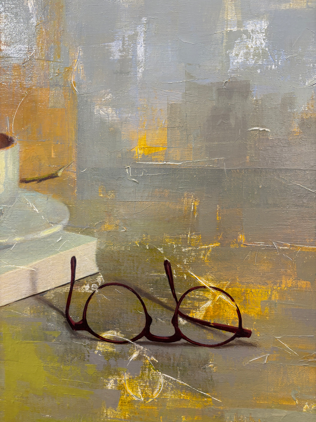 still life realism oil painting with book coffee glasses flower and pencil on surface in blue and green textured surface 