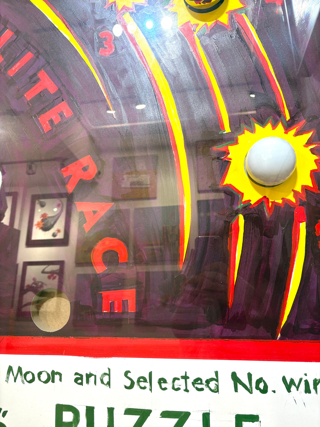 mixed media puzzle collage in plexiglass satellite race kid game nostalgia vintage retro ball jiggle puzzle graphic 