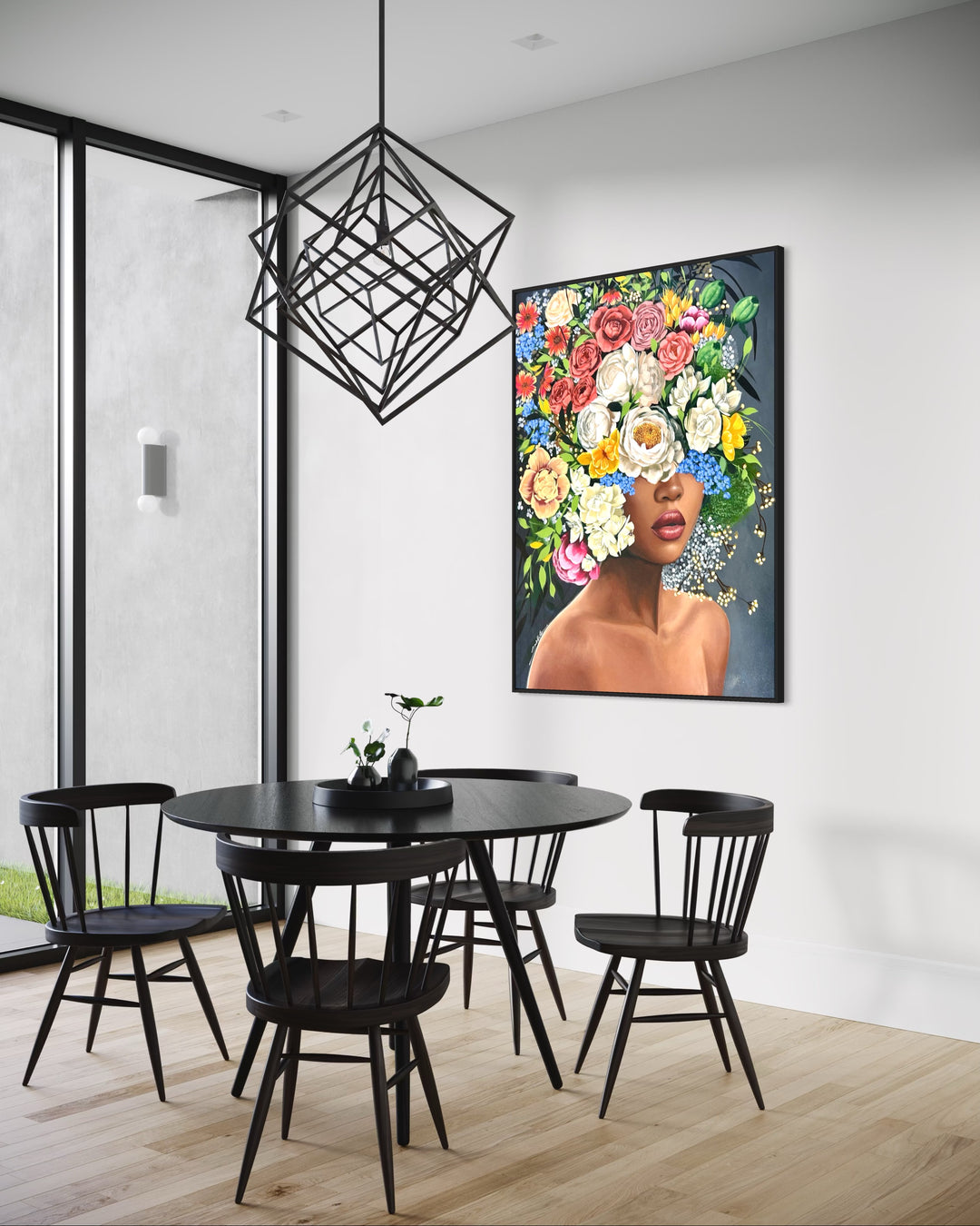 Grace by Sally K. acrylic on canvas painting of a woman with flowers surrounding her face, dark grey foreground, white, green, pink and yellow flowers. 