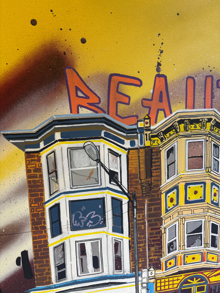 graffiti urban style illustration cartoon building philadelphia cityscape landscape graphic markers and acrylic in bright bold color 
