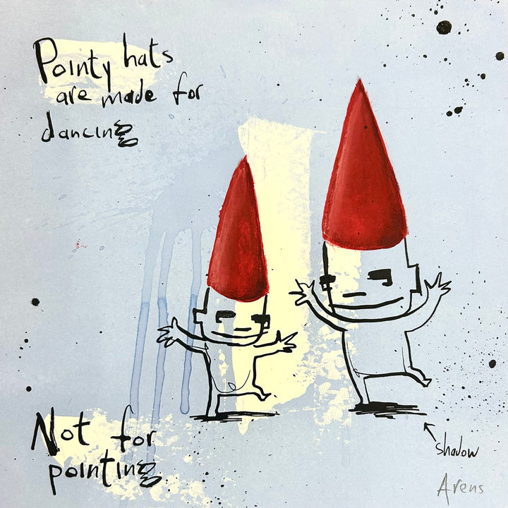 Two figures in red hats in motion together, black and blue splotches on paper, and writing