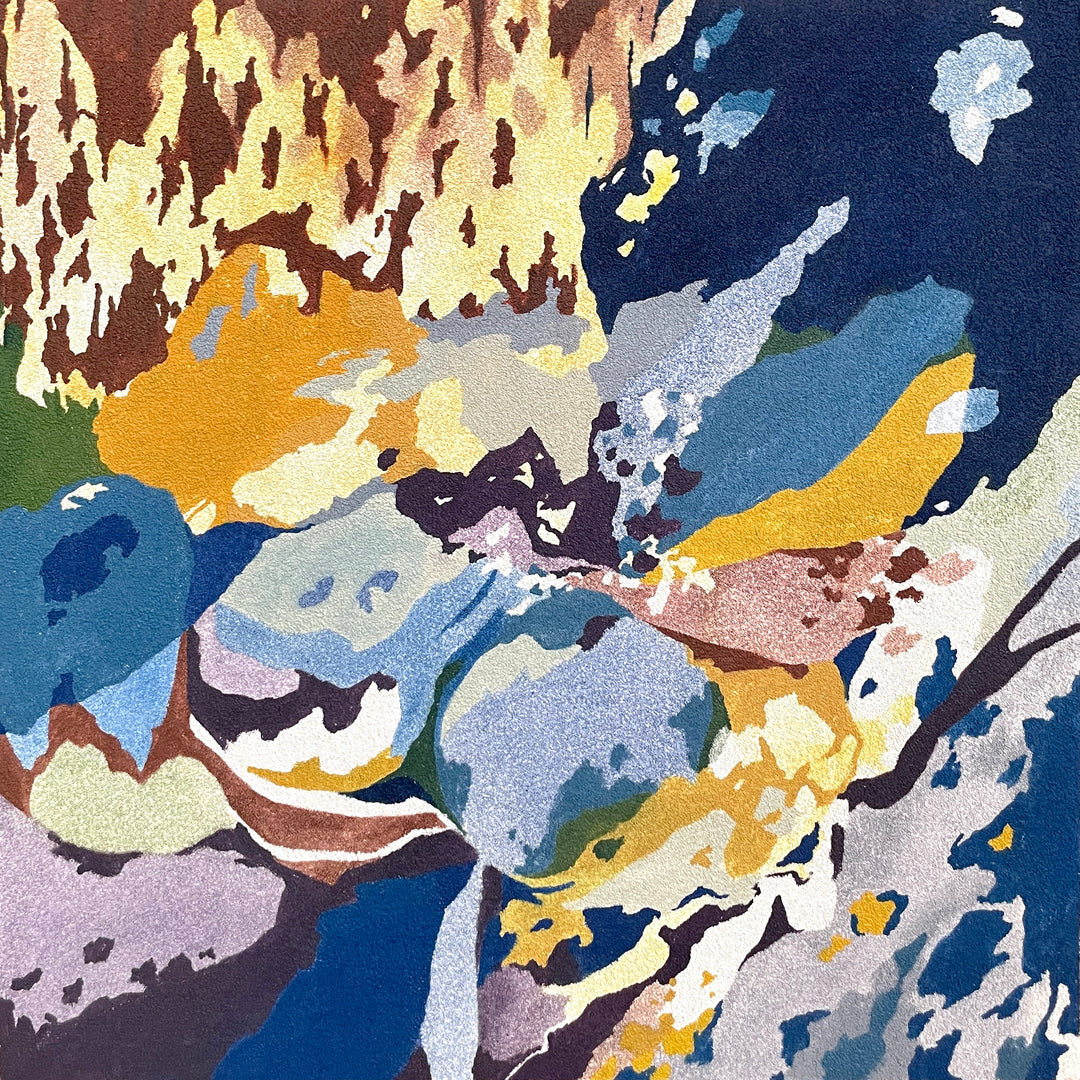 abstract floral shapes in blues yellow brown and green on textured pumice surface 