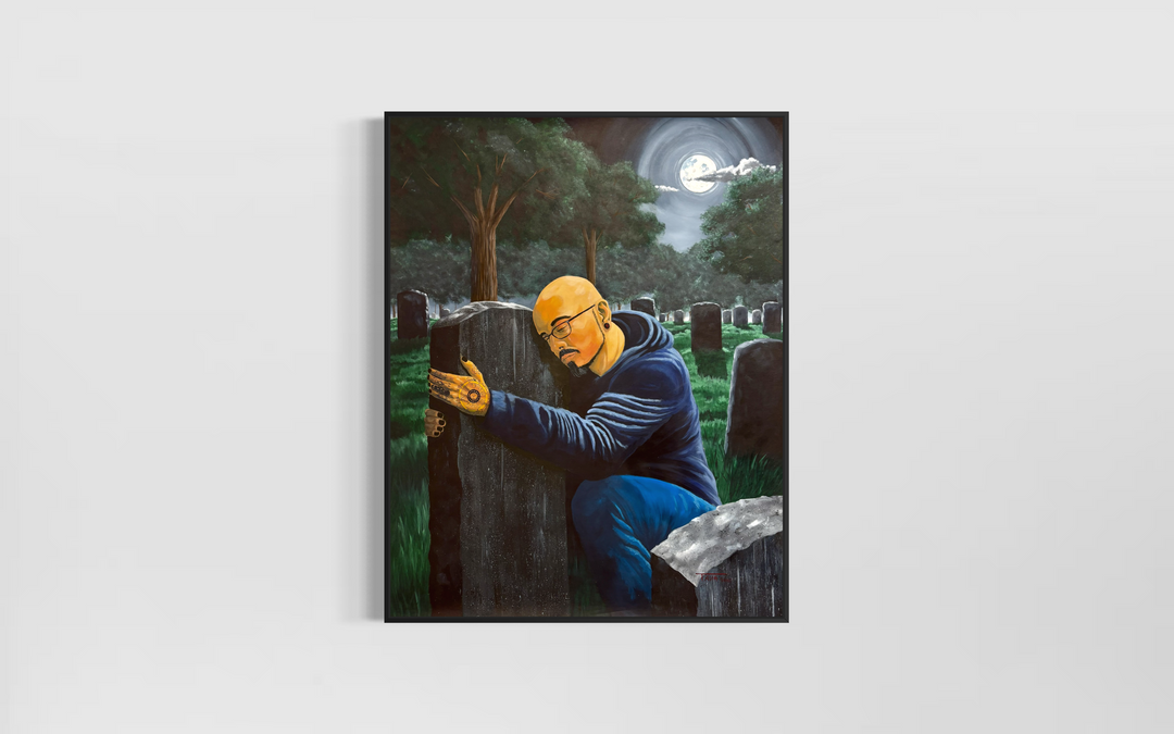 figure man leaning in cemetery  dark gloomy night sad inn greens and black with moon and clouds in acrylic
