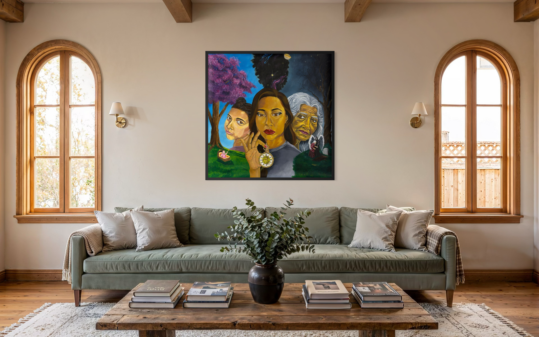 three figures portrait woman aging with clock and changing seasons trees purple green and dark gloomy space stars realism in acrylic