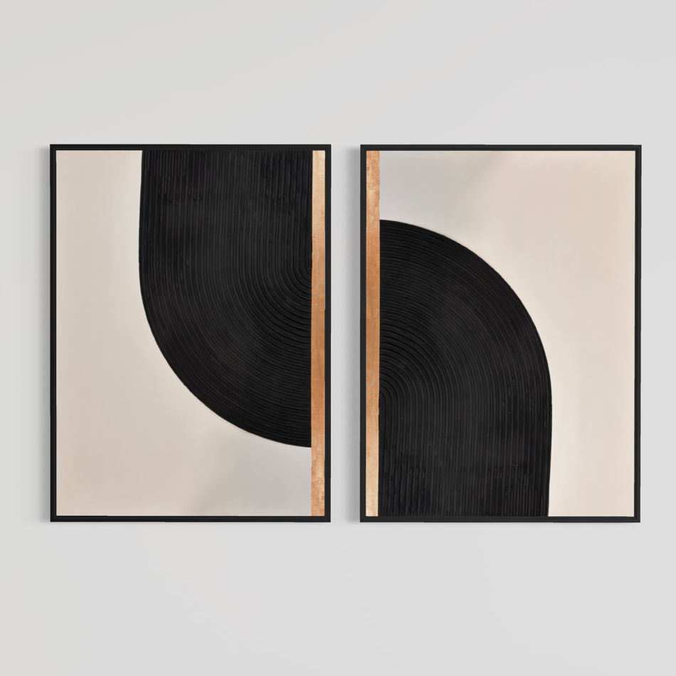 Lee in Cerulean, Interstellar Duo, joint compound and acrylic paint on canvas, 36 x 48 inches each (72 x 48 inches together). Two black, cream, and gold textured panels, each in a thin black frame, side by side on a light grey wall.