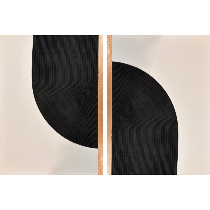 Lee in Cerulean, Interstellar Duo, joint compound and acrylic paint on canvas, 36 x 48 inches each (72 x 48 inches together). Two vertical textured panels side by side on cream backgrounds: the left has a black curved form of raised ridges descending from the top edge beside a vertical gold stripe, and the right has a black arched form rising from the bottom edge beside a vertical gold stripe.