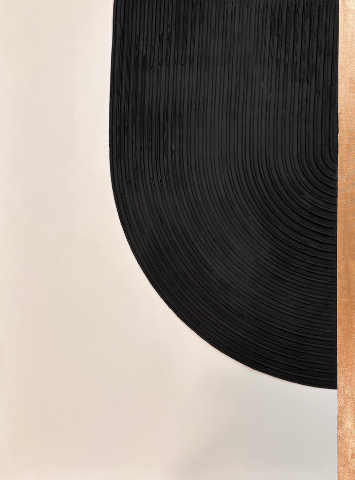 Lee in Cerulean, Interstellar Duo, joint compound and acrylic paint on canvas, 36 x 48 inches each (72 x 48 inches together). Detail of the left panel: a black curved form of raised ridges beside a vertical gold stripe on a cream background.