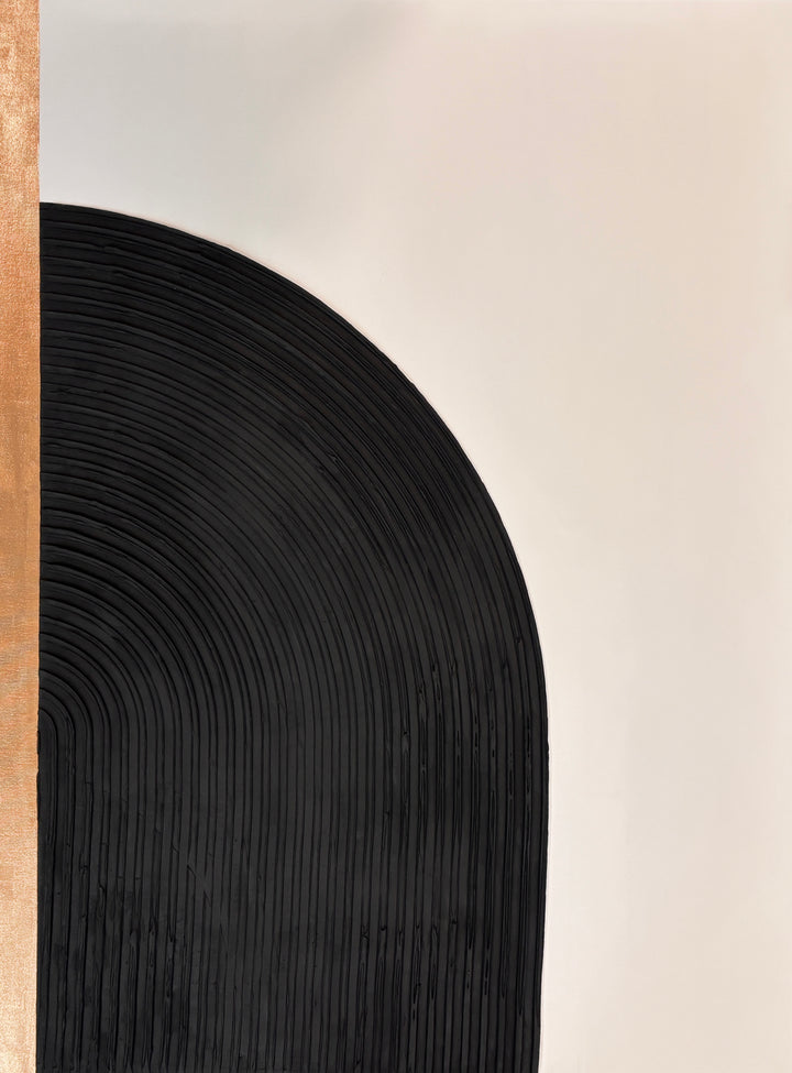 Lee in Cerulean, Interstellar Duo, joint compound and acrylic paint on canvas, 36 x 48 inches each (72 x 48 inches together). Detail of the right panel: a black arched form of curved raised ridges beside a vertical gold stripe on a cream background.