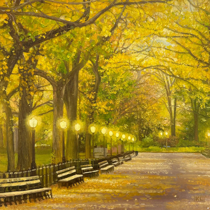 yellow, cityscape, landscape, yellow, park, trees, oil painting, oil paint 