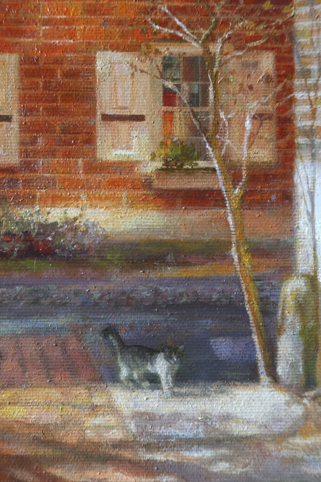 bright brick home alley way with trees blue sky sun shine landscape philadelphia in oil painted landscape realism 