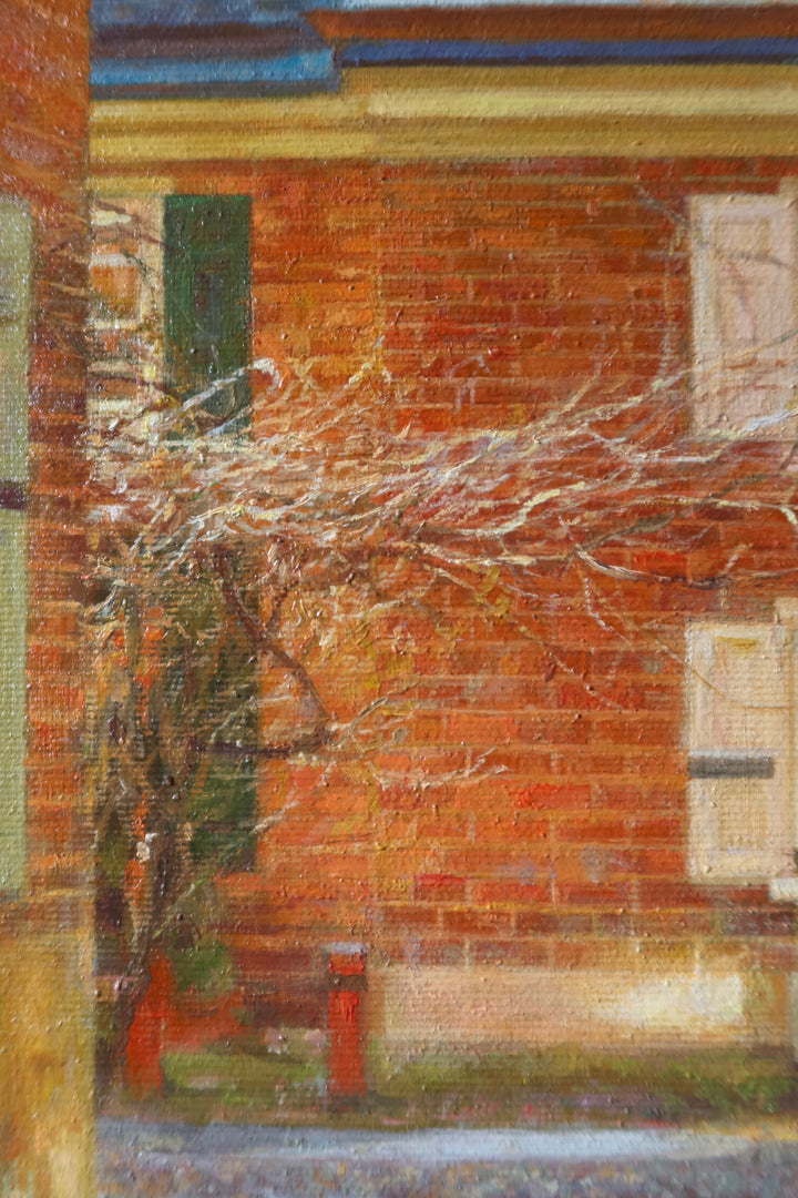bright brick home alley way with trees blue sky sun shine landscape philadelphia in oil painted landscape realism 