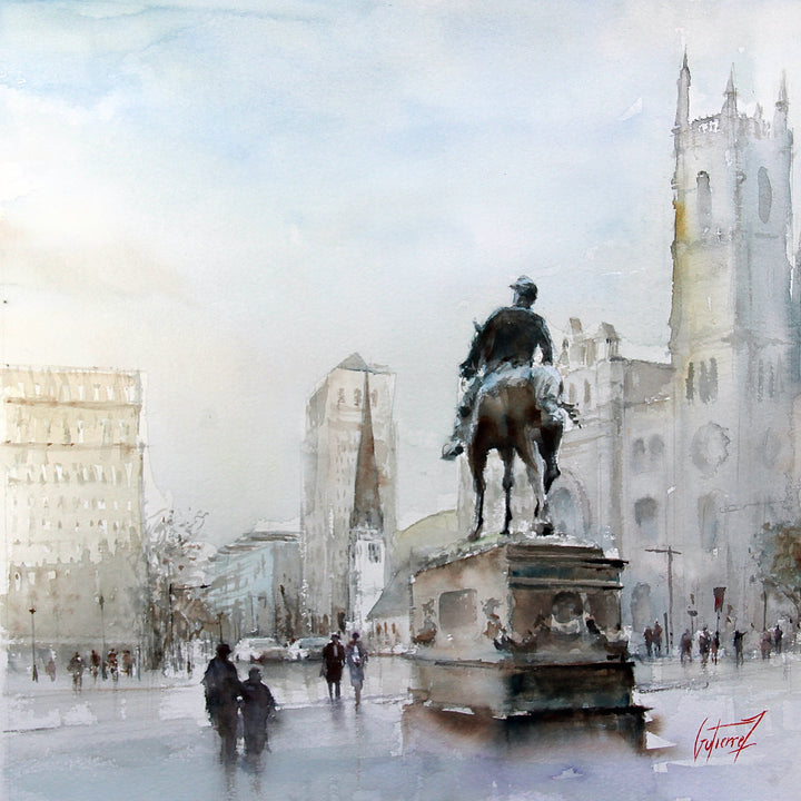 sidewalk scene with pedestrians, castle architecture, horse sculpture in Philadelphia in watercolor