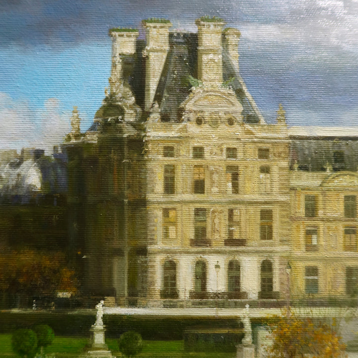 Garden castle landscape with trees benches and pond, cloudy blue sky in oil paint soft realism