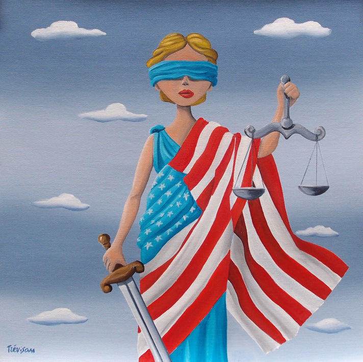 "Justice is USA" by Italian artist Carlo Trevisan — an oil painting on canvas depicting Lady Justice draped in the American flag, blindfolded in teal, holding scales of justice and a sword against a cloud-filled blue sky. The bold, graphic composition merges the classical symbol of justice with American patriotism and identity. Original contemporary American Justice pop art painting on canvas available at Morton Contemporary gallery.
