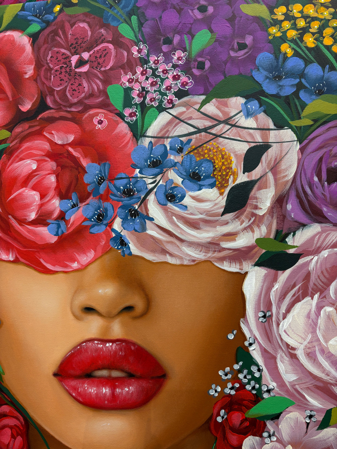 realism female portrait floral flowers leaves surrounding composition in acrylic on canvas in red purple and pink