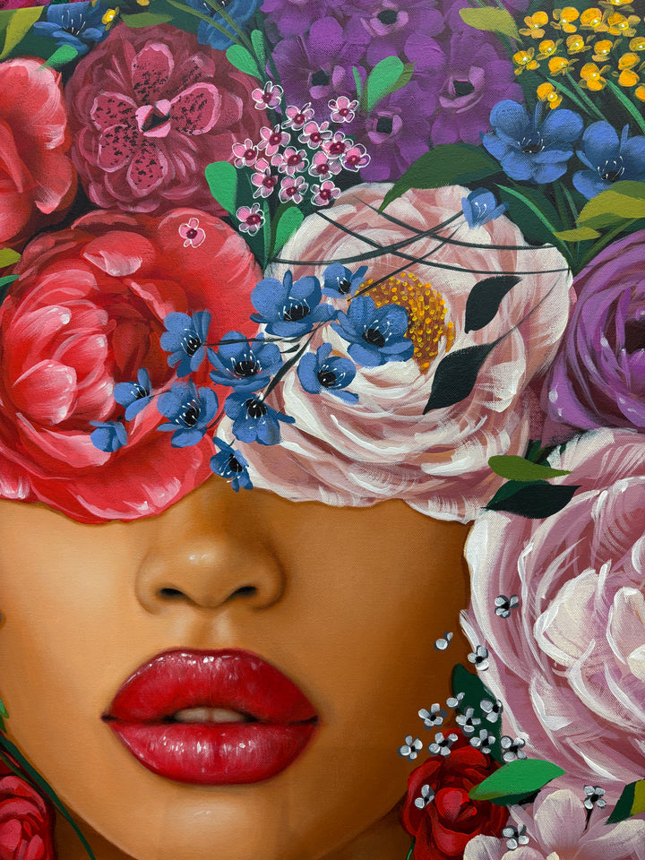 realism female portrait floral flowers leaves surrounding composition in acrylic on canvas in red purple and pink