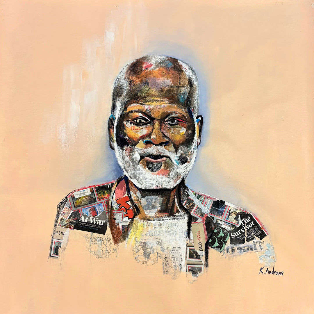 Keith Andrews, Keys of Free, acrylic and collage on parachute cloth, 42 x 42 inches. Bust portrait of an older bald man with a white beard on a peach background. His face is painted in brown, orange and blue, and his shirt is made of collaged magazine clippings, including the words "At War" and "The Survivor."