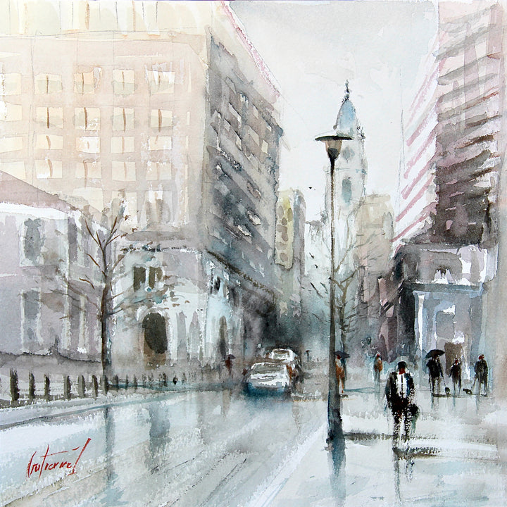 Water color in light grey washes and blues of sky scraper buildings in Philadelphia, people with umbrellas, street lamp and rain
