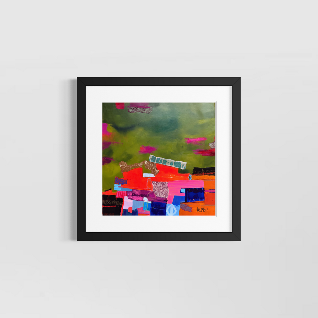 Lau Blou, L’arrivée, acrylic paint, fabric, and gold leaf on canvas, 14 x 14 inches, shown in a white 17 x 17 inch mat and black frame on a light grey wall. Abstract painting of orange and pink stacked blocks on olive green.