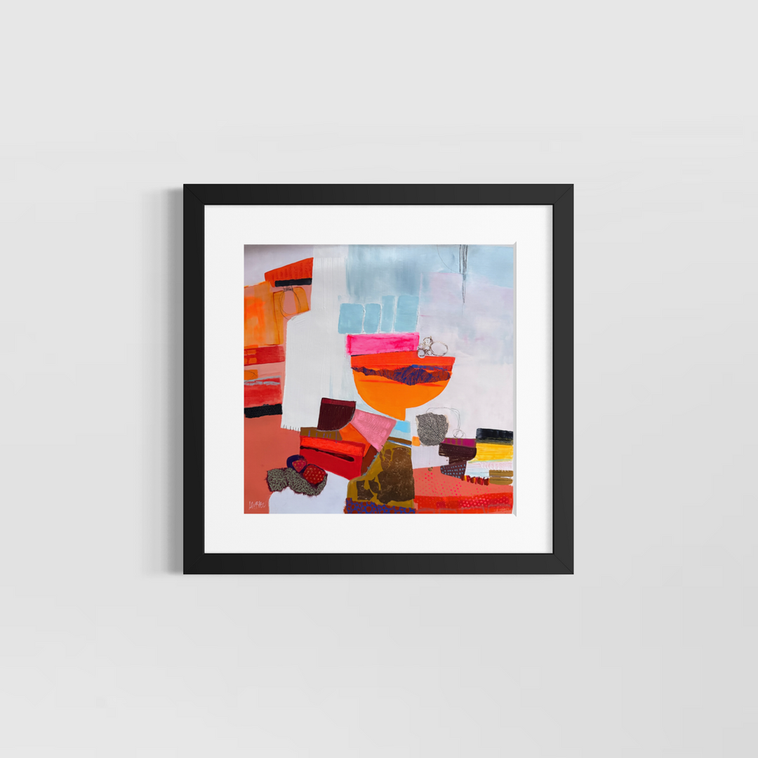 Lau Blou, L’offrande, acrylic paint, fabric, and gold leaf on canvas, 14 x 14 inches, shown in a white 17 x 17 inch mat and black frame on a light grey wall. Abstract painting of an orange bowl shape above red and pink blocks.