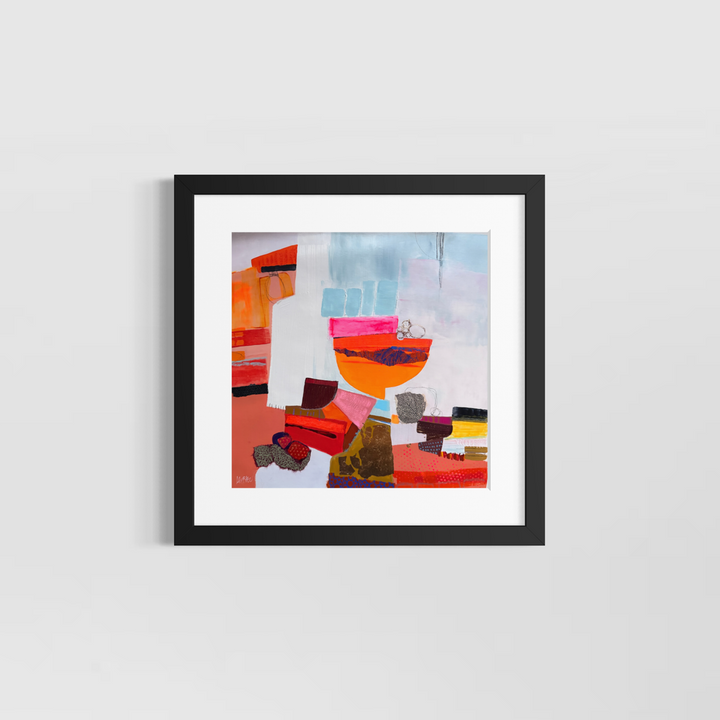 Lau Blou, L’offrande, acrylic paint, fabric, and gold leaf on canvas, 14 x 14 inches, shown in a white 17 x 17 inch mat and black frame on a light grey wall. Abstract painting of an orange bowl shape above red and pink blocks.