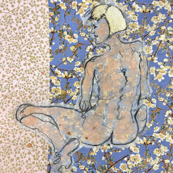 sitting woman figure gestural sketch drawing looking to side bent knees on floral blue paper collage