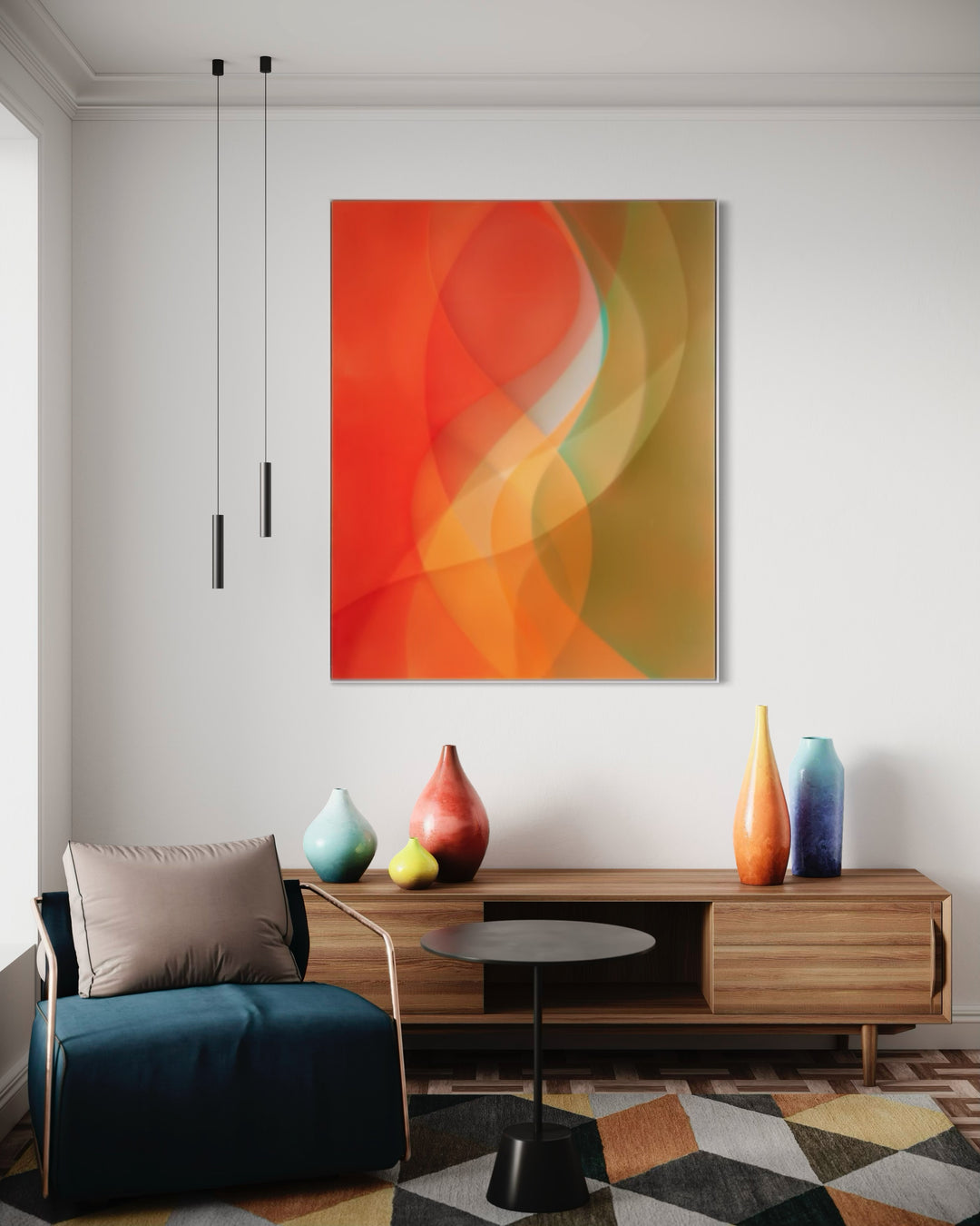 Abstract layering of transparent resin colors of red orange with green beige in organic vertical waves 