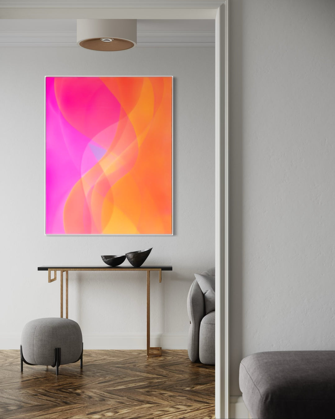 Abstract layering of transparent resin colors of pink and orange in organic vertical waves 
