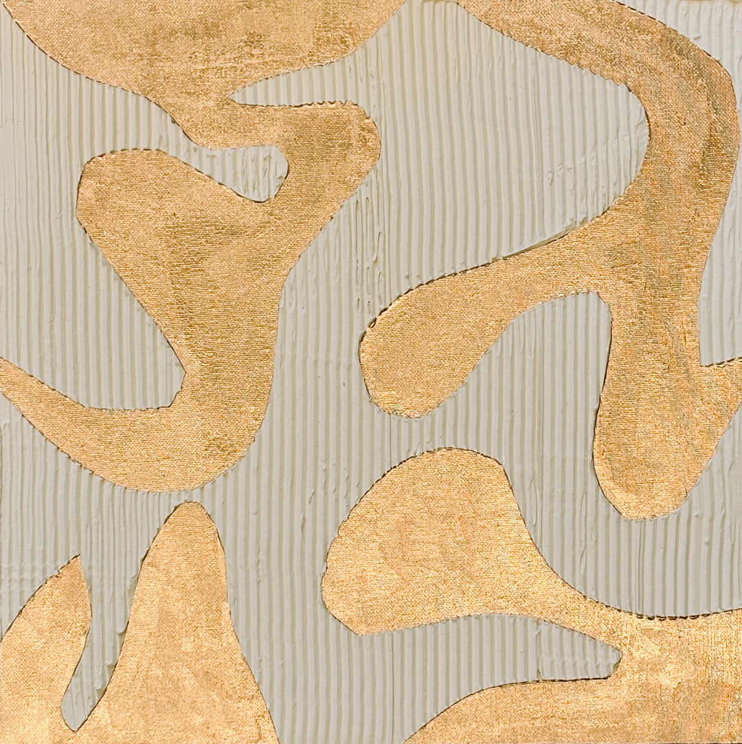 minimal geometric abstract organic shape in gold with lines  straight on beige light  background