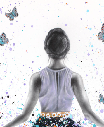 butterfly ballerina splatter paint expressionism in purple and blue on white background with lack and white figure