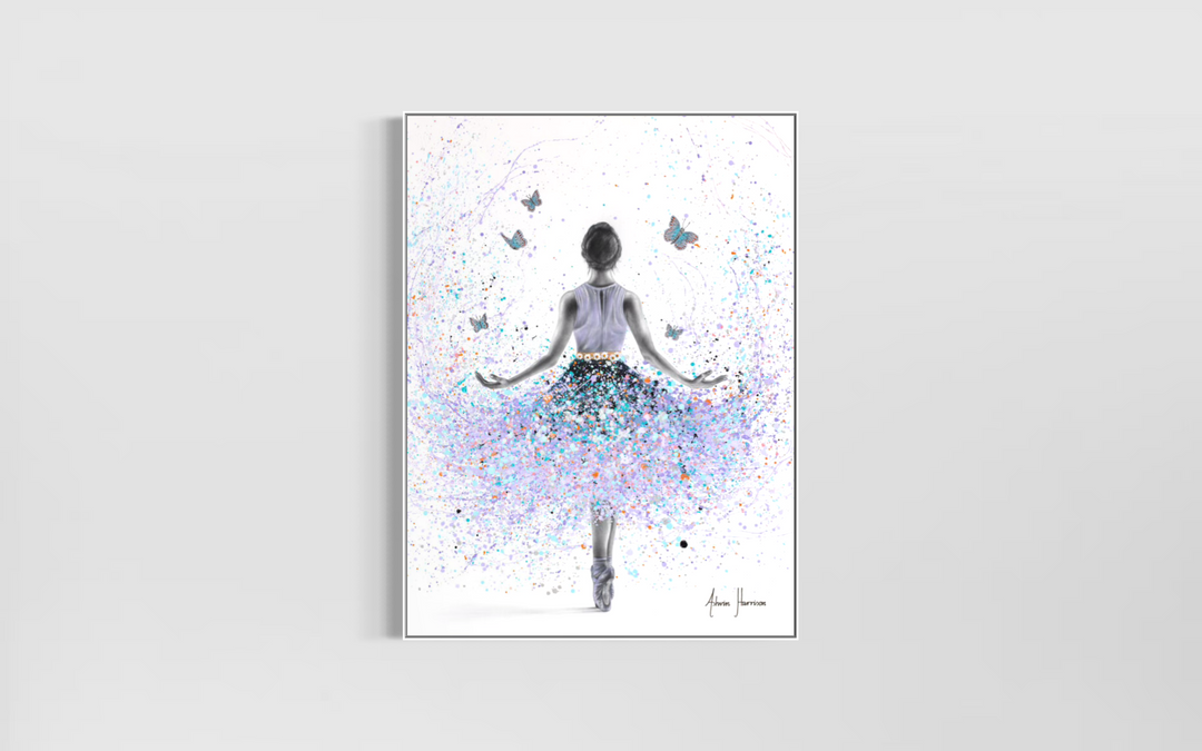 butterfly ballerina splatter paint expressionism in purple and blue on white background with lack and white figure