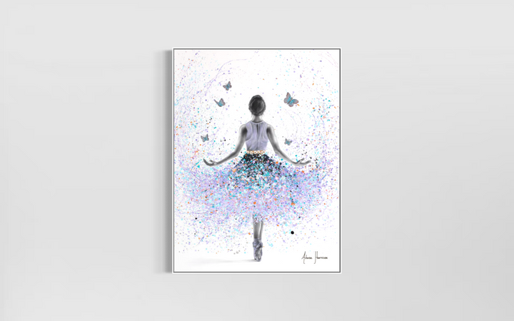 butterfly ballerina splatter paint expressionism in purple and blue on white background with lack and white figure