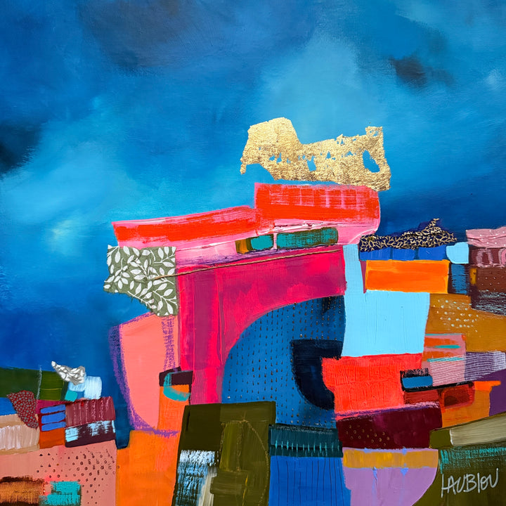 Lau Blou, Le pont des larmes, acrylic paint, fabric, and gold leaf on canvas, 14 x 14 inches. Abstract composition of a pink arch-like structure and stacked blocks in red, orange, blue, and olive with patterned fabric pieces and a gold leaf shape on top, set against a deep blue background.